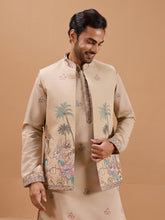 Beige Color Embroidered and Sequence Mens Kurta Jacket and Pant Set